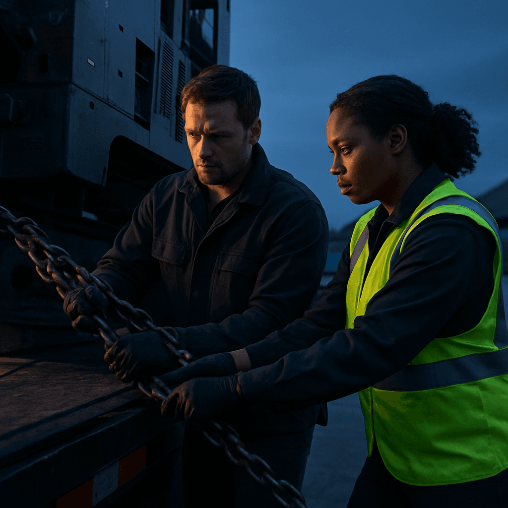 Bluport veteran operator standing beside a gooseneck trailer loaded with secured equipment at blue hour